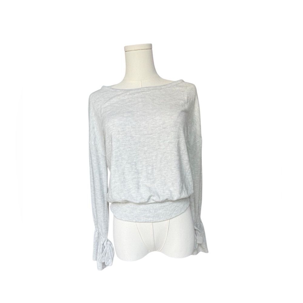 Gray cozy Long Sleeve knit Top with Ruffle Tie Cuffs Size S